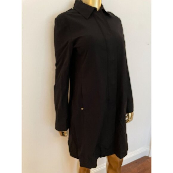 Theory Black Button zip Long Womens Trench Coat Academia Preppy Classic Split M - Picture 4 of 13